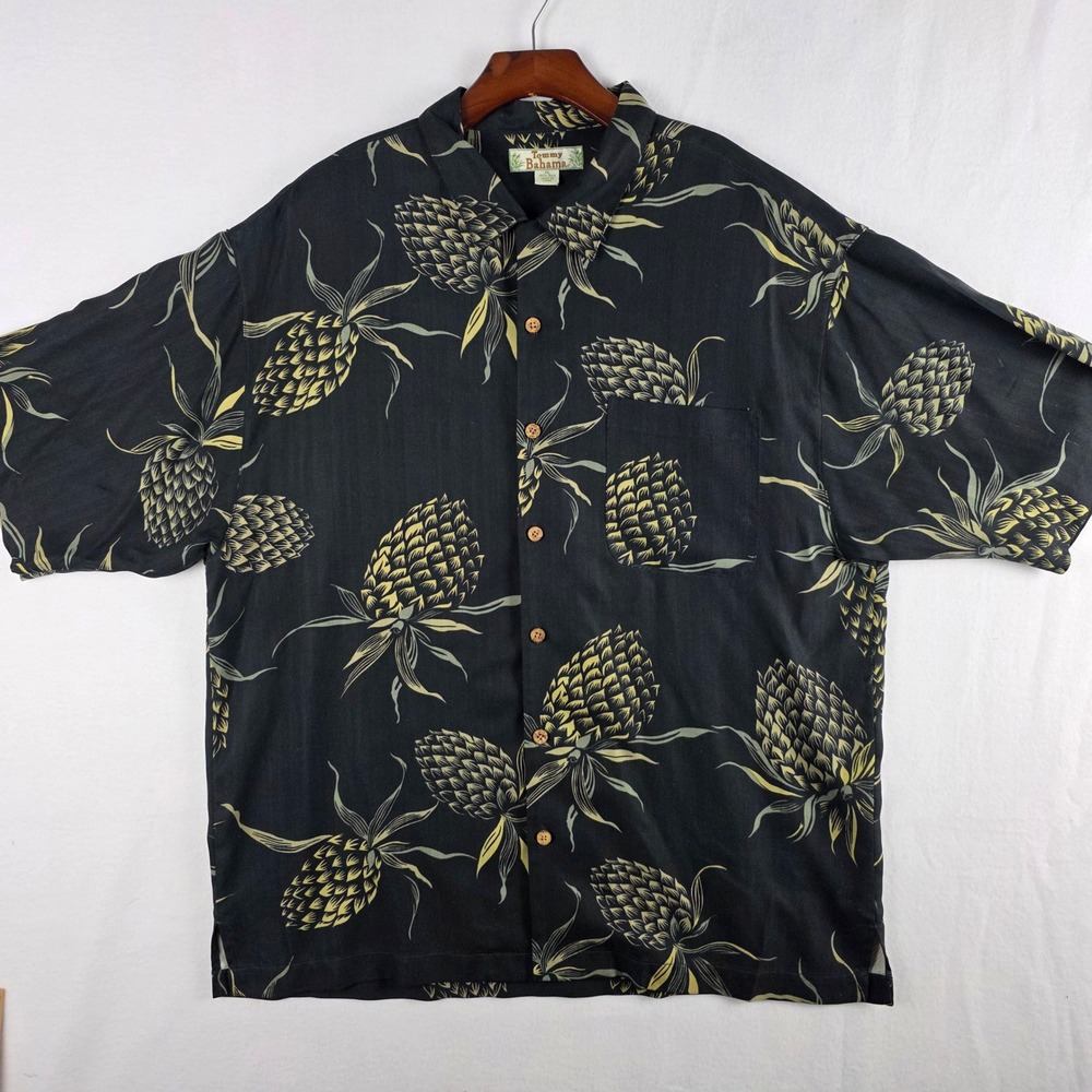 Tommy Bahama Mens XL Black Silk Pineapple Print Herringbone Camp Shirt